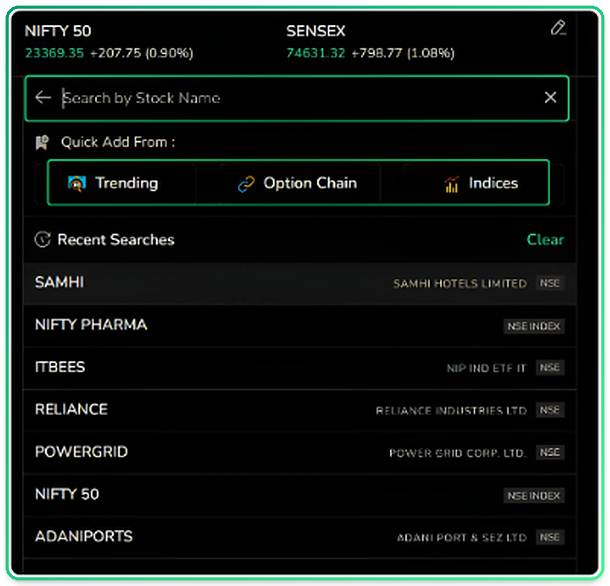 The search bar with quick-add routes and recent searches visible on opening