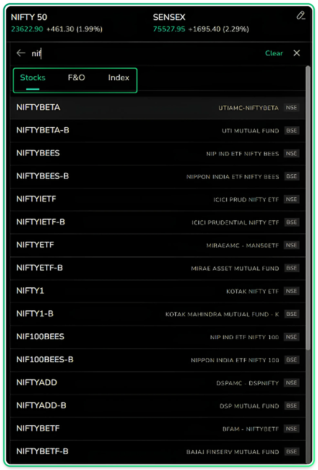 Search results grouped by instrument type for faster navigation