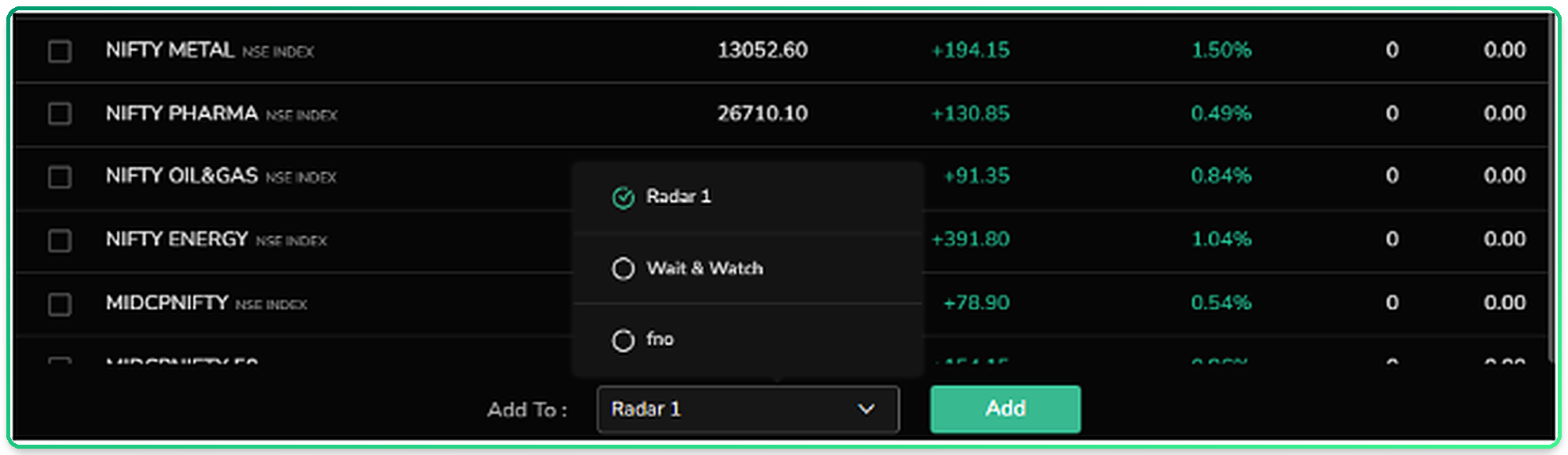 The Add To dropdown at the bottom of the Trending and Indices views, with a destination watchlist selected