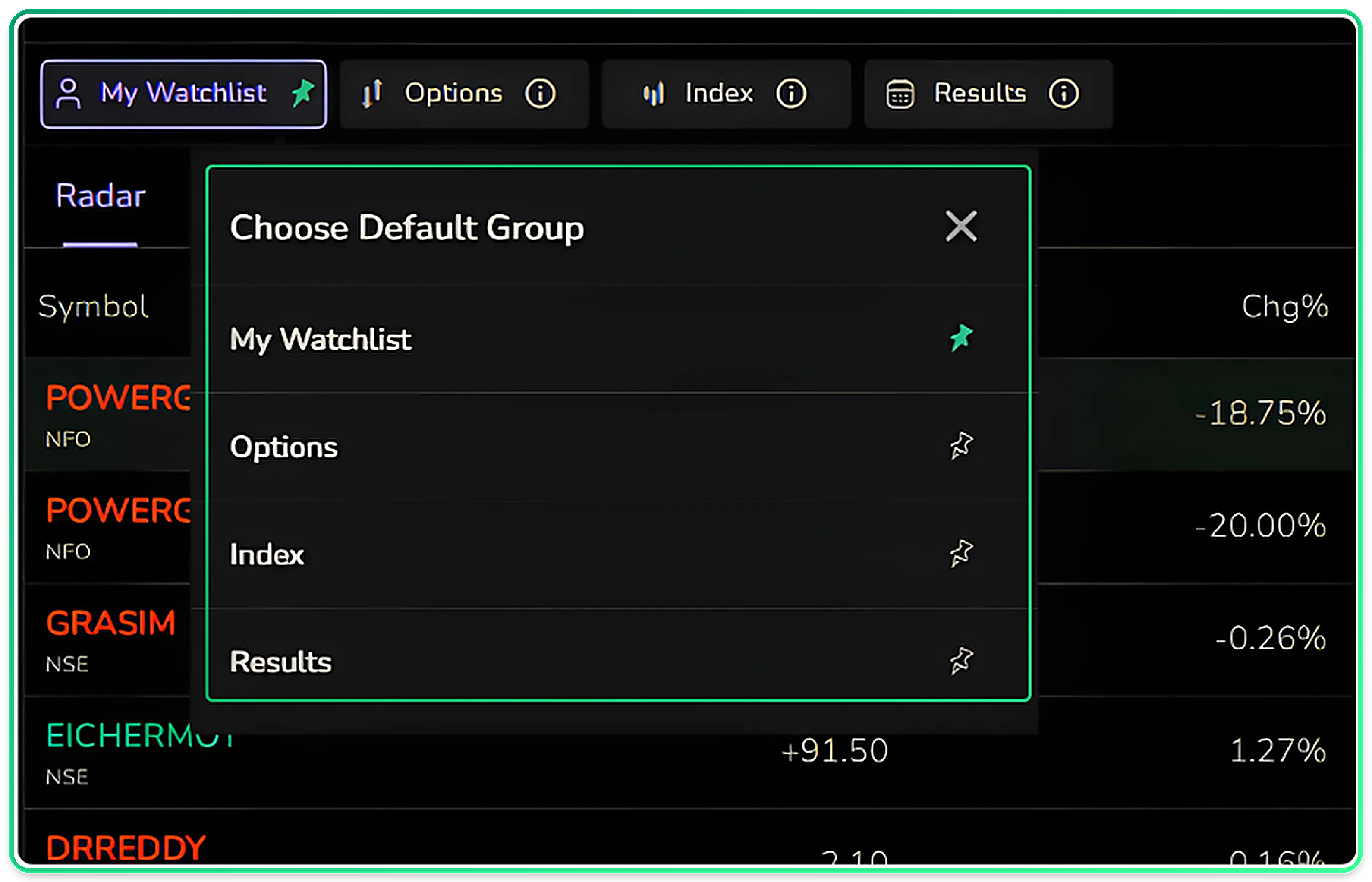 Clicking the pin on a tab sets it as the default group