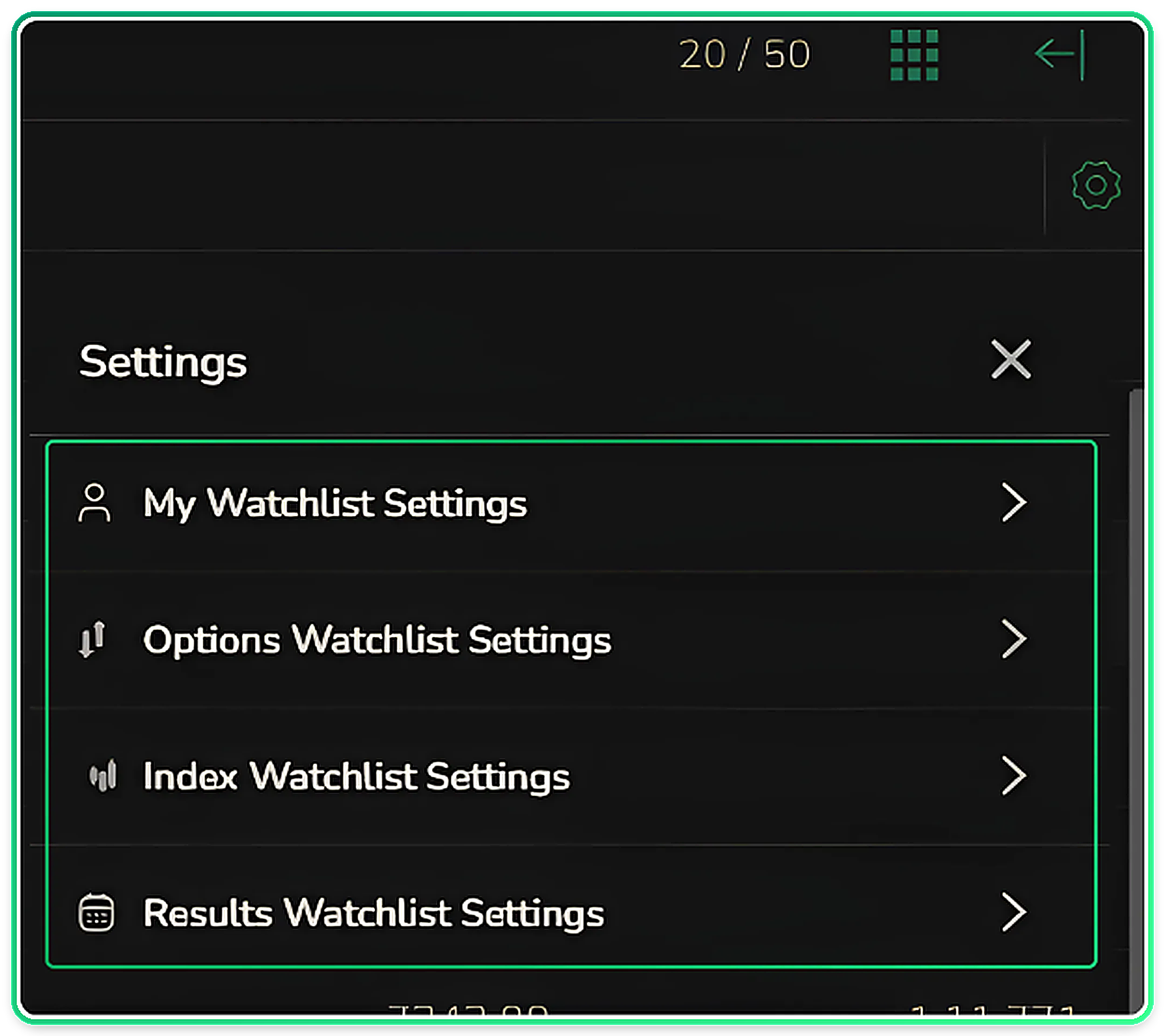 The settings panel with per-section controls