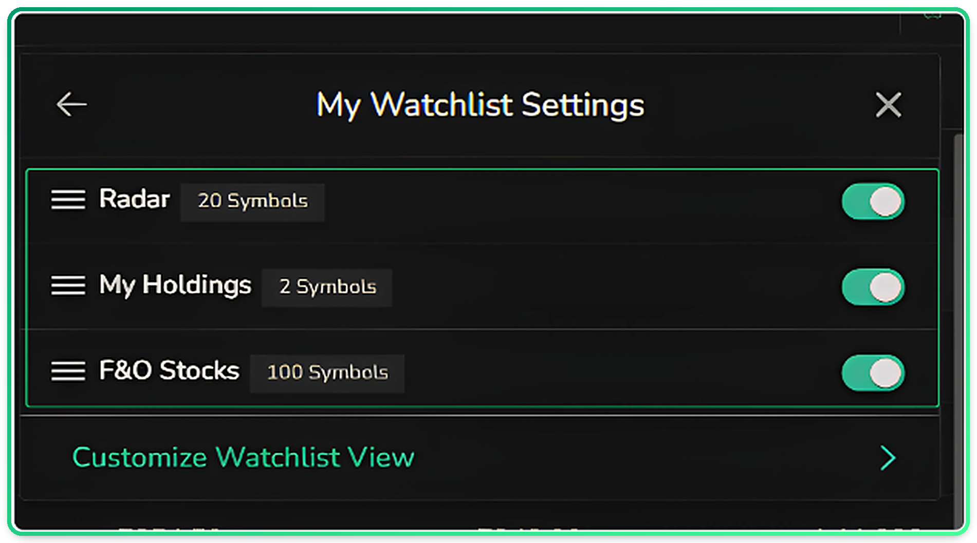 Toggles and drag-to-reorder controls inside My Watchlist Settings