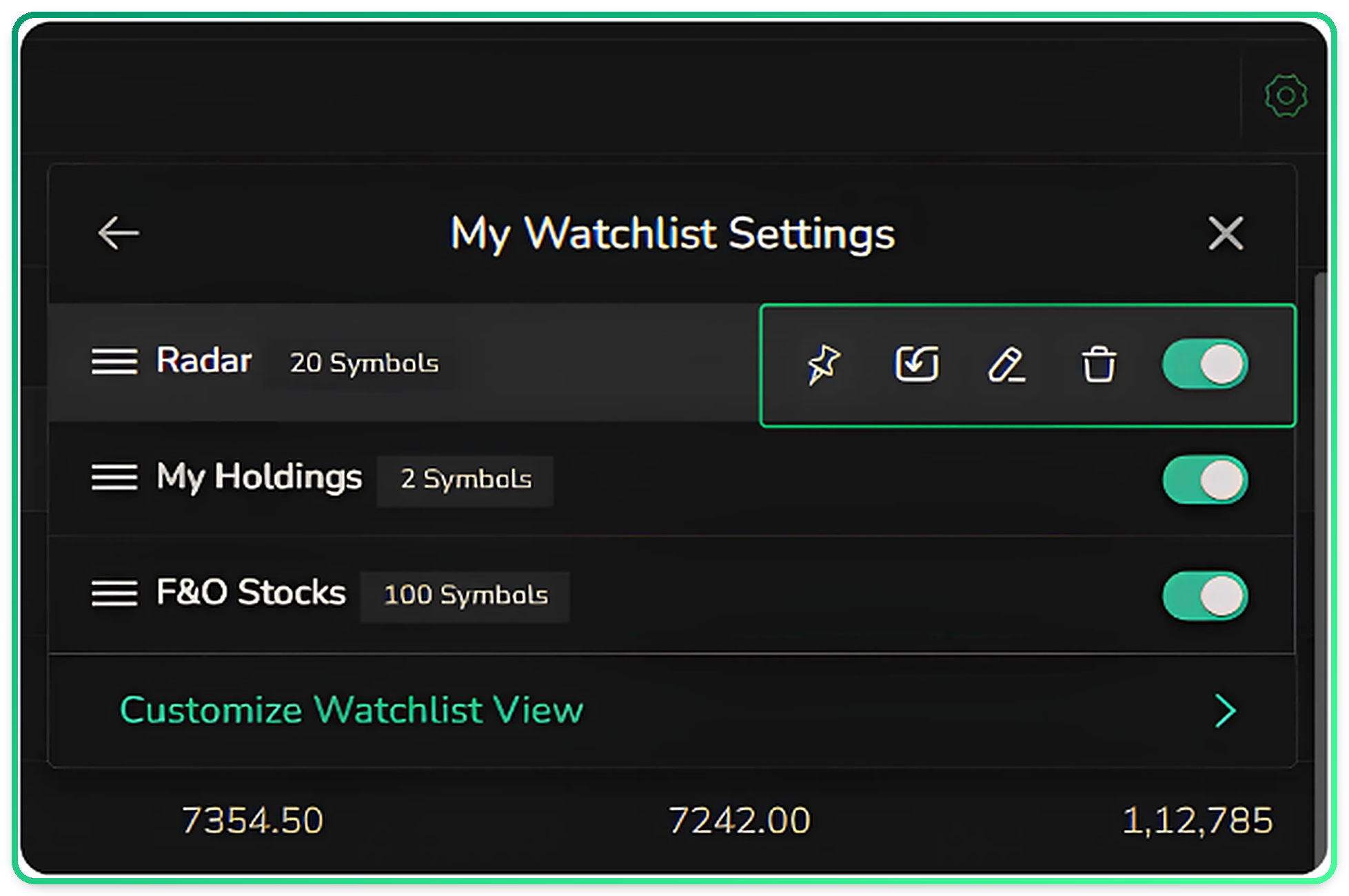 The four controls revealed on hover inside the settings panel