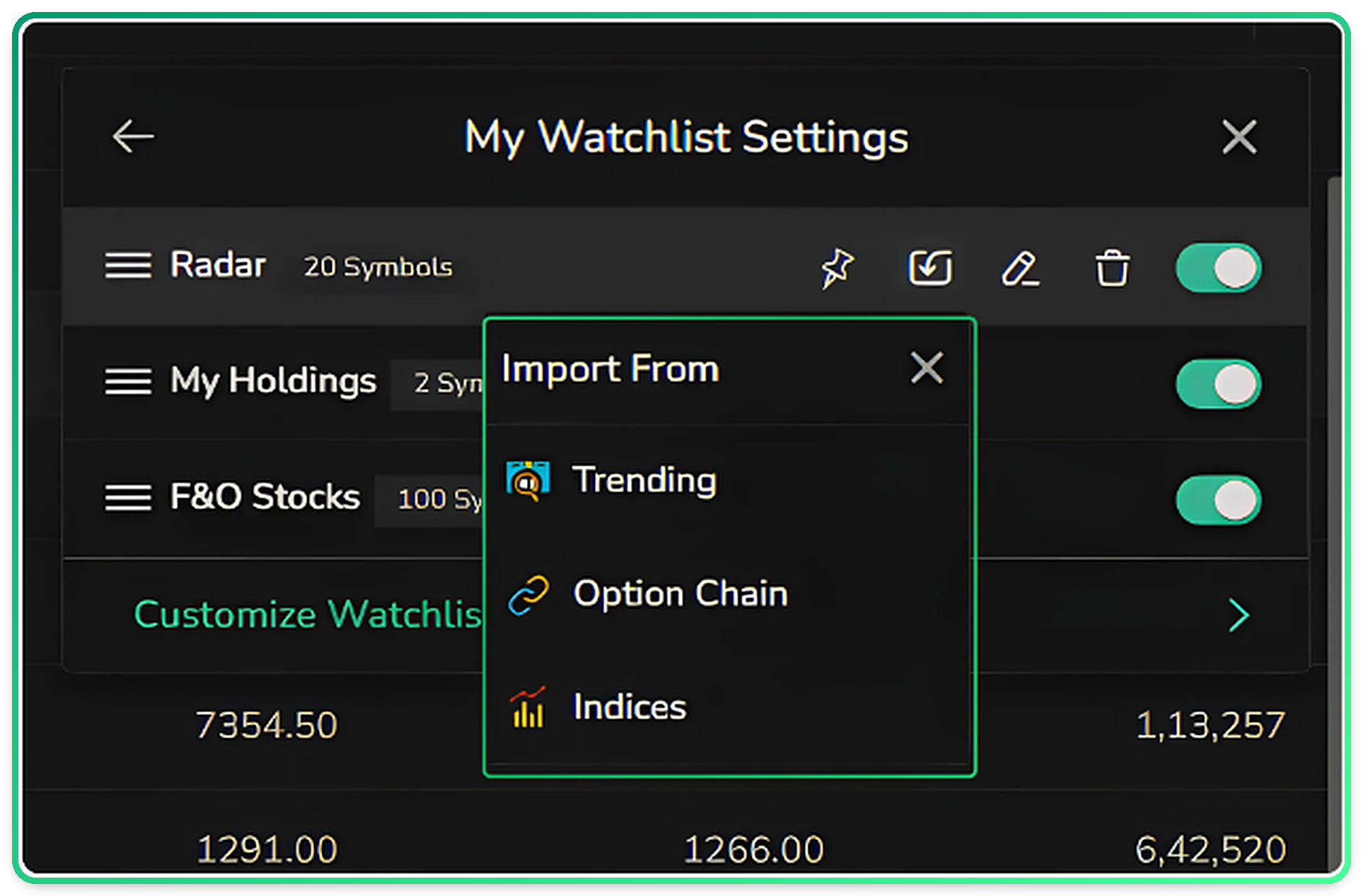 The import dialog, with Trending, Option Chain, and Indices as sources