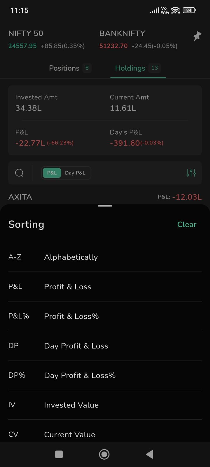 Holding Sorting Options